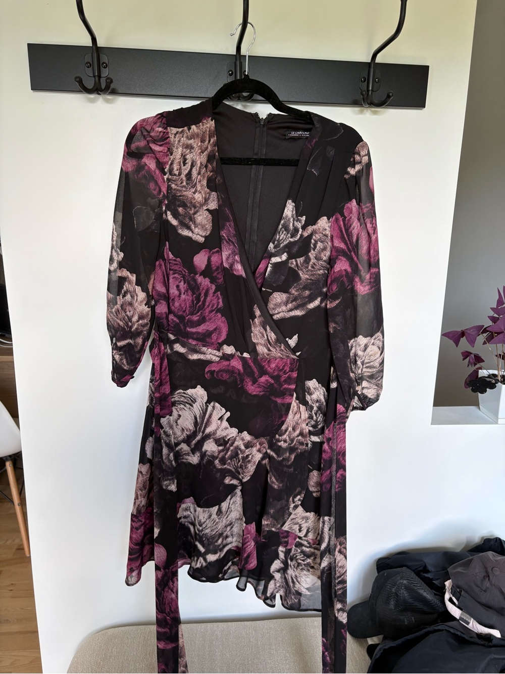 le chateau Black Floral Wrap Dress with Magenta and Cream Blooms